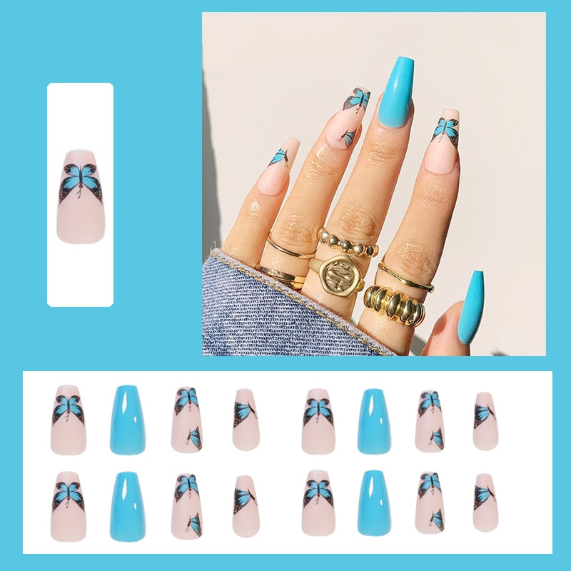 24pcs False Nails Nude Gradient Nail Patch Rhinestone Inlaid Press On Nails Removable Long Manicure nail tips