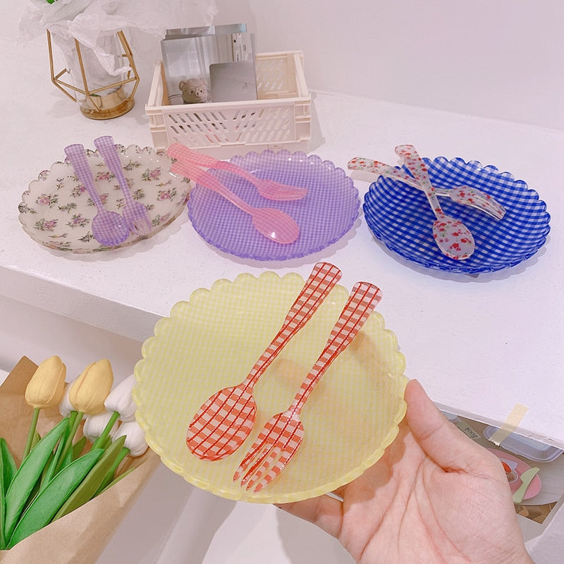 Plastic Dessert Tray Acrylic Cake Dish Grid Pattern Spork Floral Plates Decorative Fruit Plate Spoon Fork