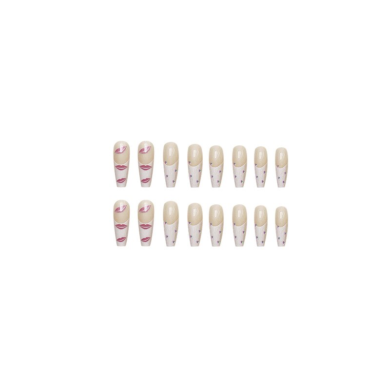 24Pcs Long Ballet French False Nails With Glue Pink Lips Rhinestones Design Press On Full Cover Detachable Acrylic Manicure Tips