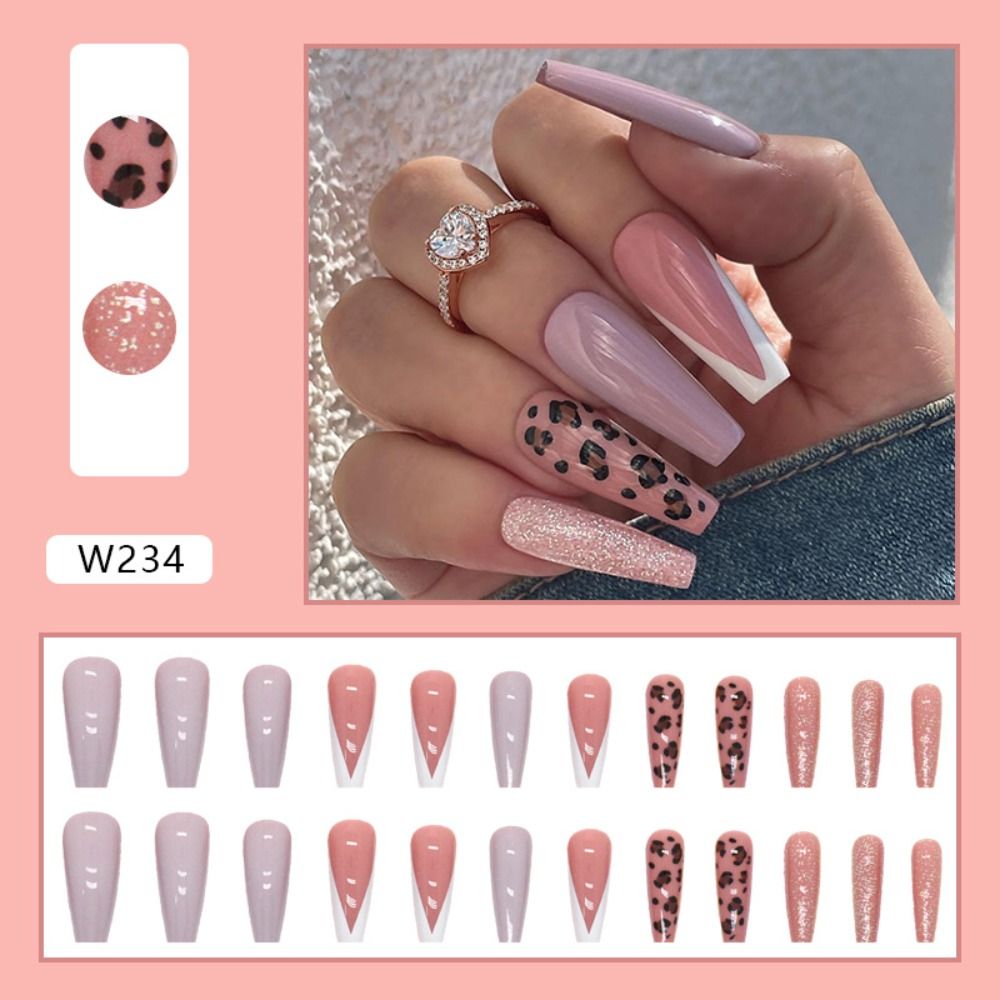 24pcs Long Ballet False Nail Full Cover Fake Nail Grey White Marble Design Nails Tip French Coffin Nails Press On Nails