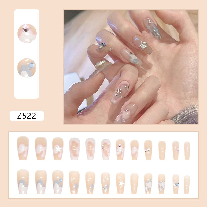 24pcs Super Shiny False Nails Glitter Aurora Crystal Pointed Press on Nail Full Cover Wearable Artificial Nail Tips