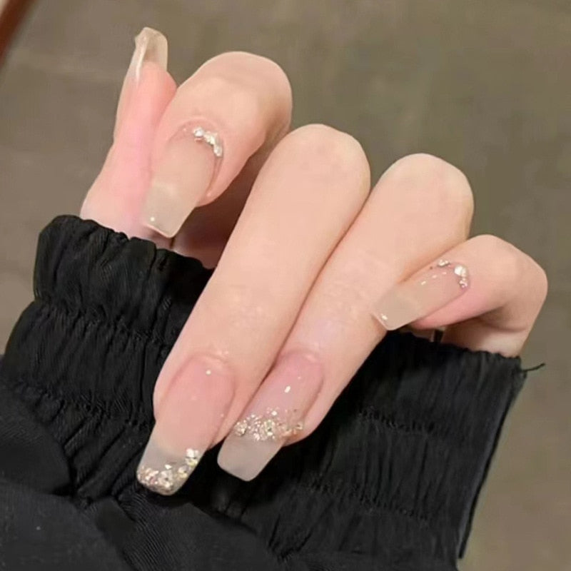 24pcs Long gradient nude false nail with glue simple artifical press on nails acrylic nails natural stick on nails set