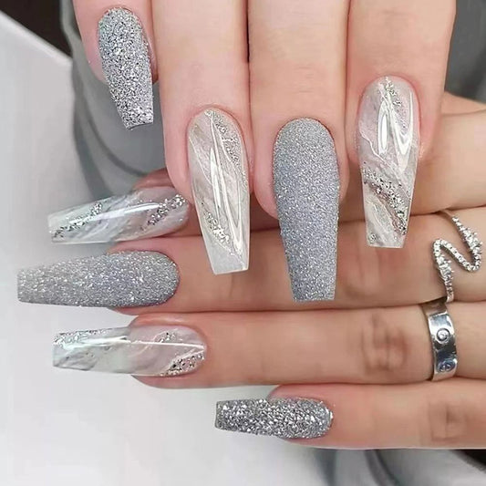 24pcs Long Ballet False Nail Full Cover Fake Nail Grey White Marble Design Nails Tip French Coffin Nails Press On Nails