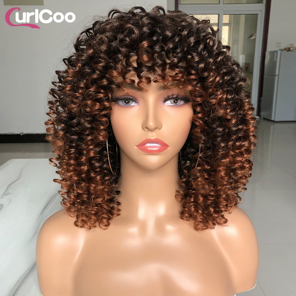 Short Hair Afro Kinky Curly Wigs With Bangs For Women Fluffy Synthetic Ombre Glueless Cosplay Natural highlight Blonde Wig