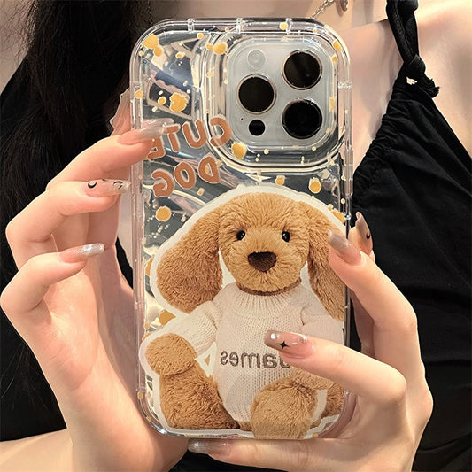 Kawaii Plush puppy doll mirror card transparent Phone Case For iPhone 14 13 12 11 Pro Max Xr Xs 7 8 14 Plus Case Cute Soft Cover