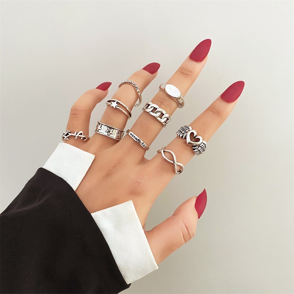 Punk Gothic Butterfly Snake Chain Ring Set for Women Black Dice Vintage Silver Plated Retro Rhinestone