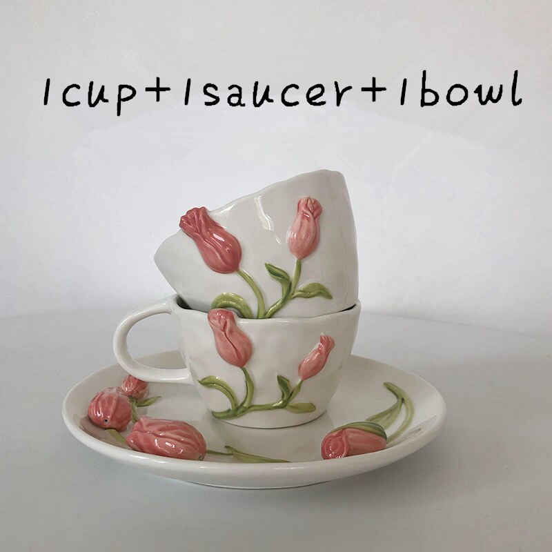 Creative Coffee Cup Ceramic Pink Tulip Flower Tea Mug Coffee Afternoon Tea Cup Cake Plate Assiettes Mariage Kitchen Accessories