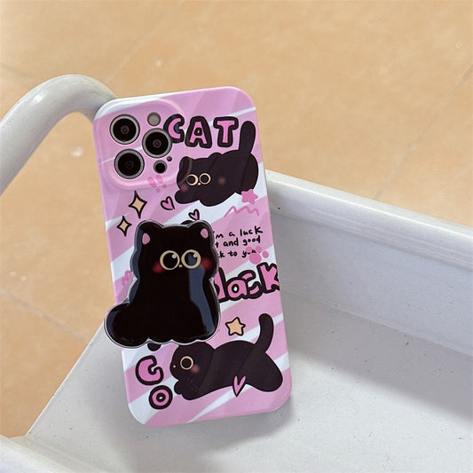 Kawaii black cat Anime Funny kitten art Bracket Phone Case For iPhone 14 13 12 11 Pro Max Case Cute Cartoon shockproof Cover