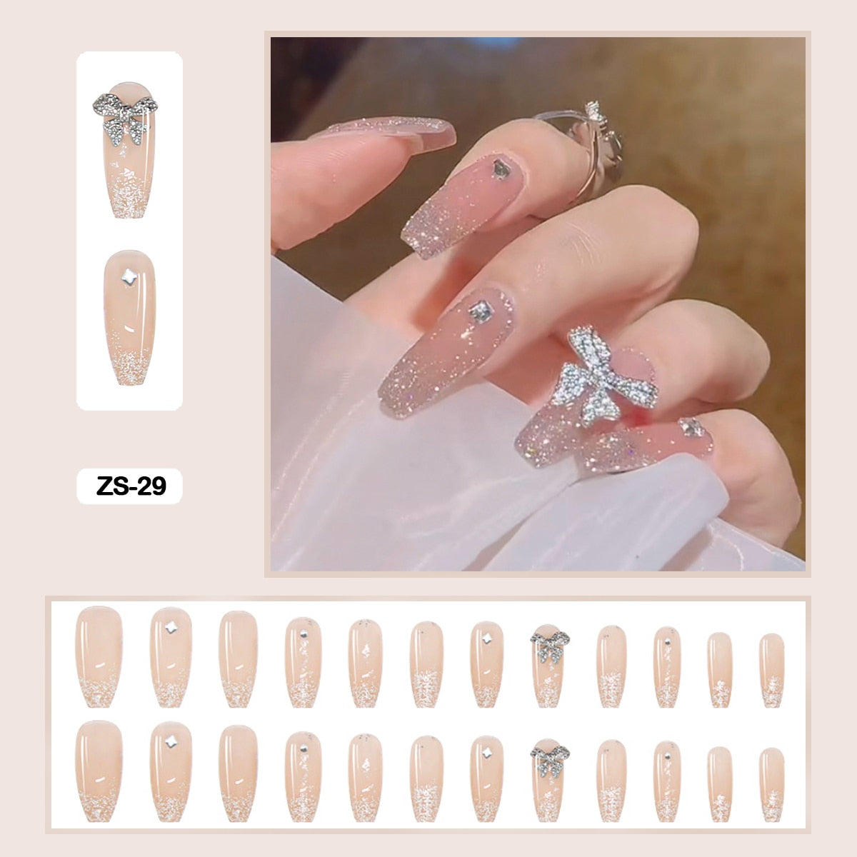 24pcs Artificial Diamond Elegant Flesh-colored Nail Art With Bowknot Fake Nails Long False Nails With Glue With Wearing Tools