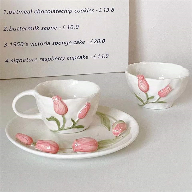 Creative Coffee Cup Ceramic Pink Tulip Flower Tea Mug Coffee Afternoon Tea Cup Cake Plate Assiettes Mariage Kitchen Accessories