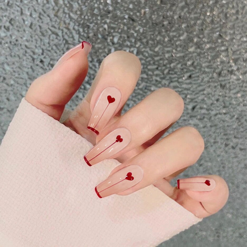 24pcs False press-on nails with a pattern Peach heart wear finished tablet nail art removable Manicure false nails