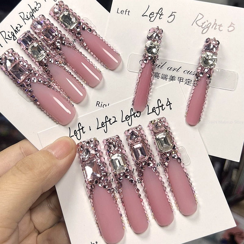 Handmade 3XL Full Cover False Nail Tips Luxury Glittery Rhinestone Press On Nails Y2K Reusable Extra Long Fake Nail With Glue