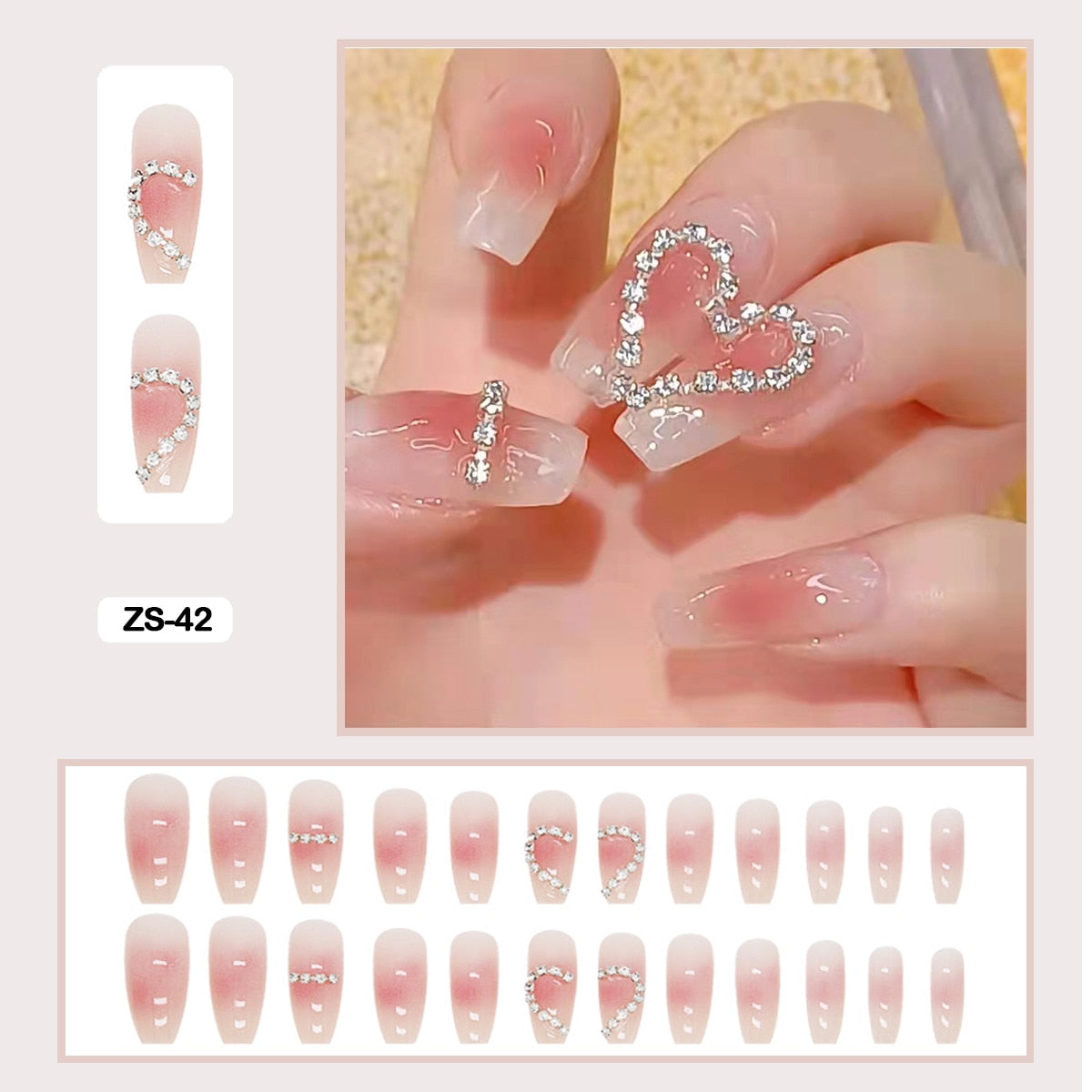 24pcs Artificial Diamond Elegant Flesh-colored Nail Art With Bowknot Fake Nails Long False Nails With Glue With Wearing Tools