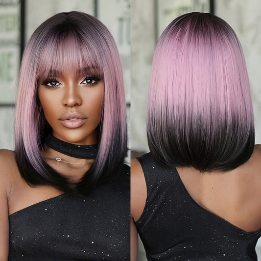 Purple Pink Ombre Black Short Straight Synthetic Wigs with Bangs Bob Wig for Women Daily Cosplay Party Heat Resistant Fake Hairs