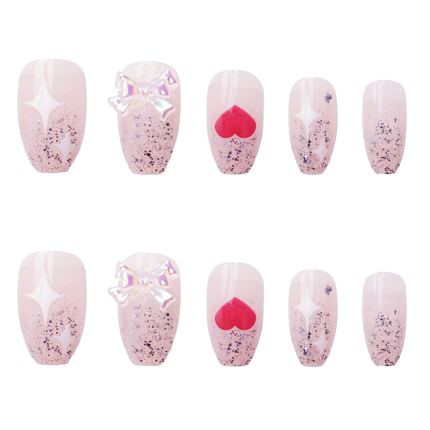 24Pcs Pink Star Heart Coffin Ballet False Nails With Manicure Glitter Design Detachable Gradient Wearing Press On Nails