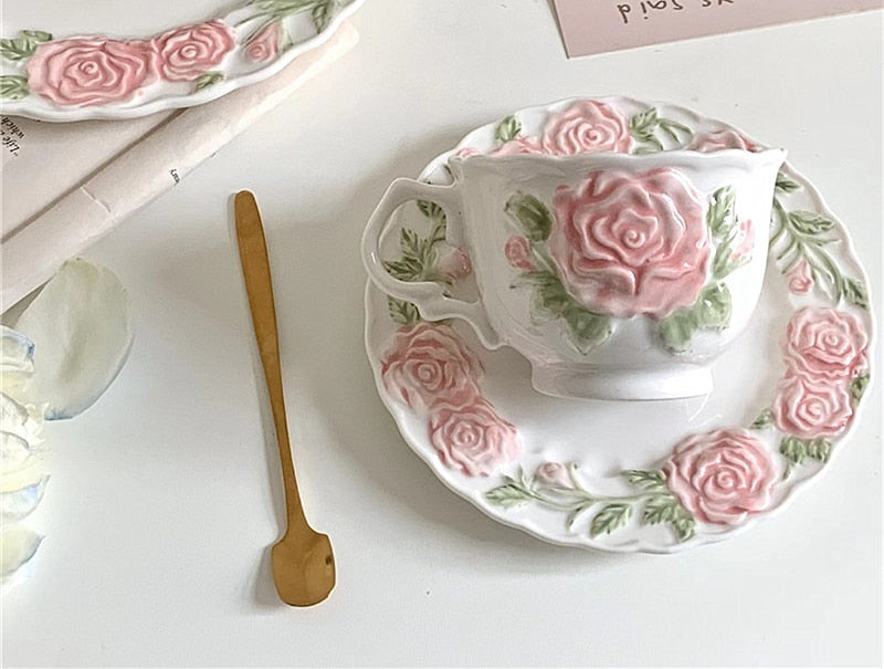 Pink Rose Coffee Cup Mug Afternoon Tea Cups Home Party Cafe Cake Plate Dessert Saucer Kitchen Accessories