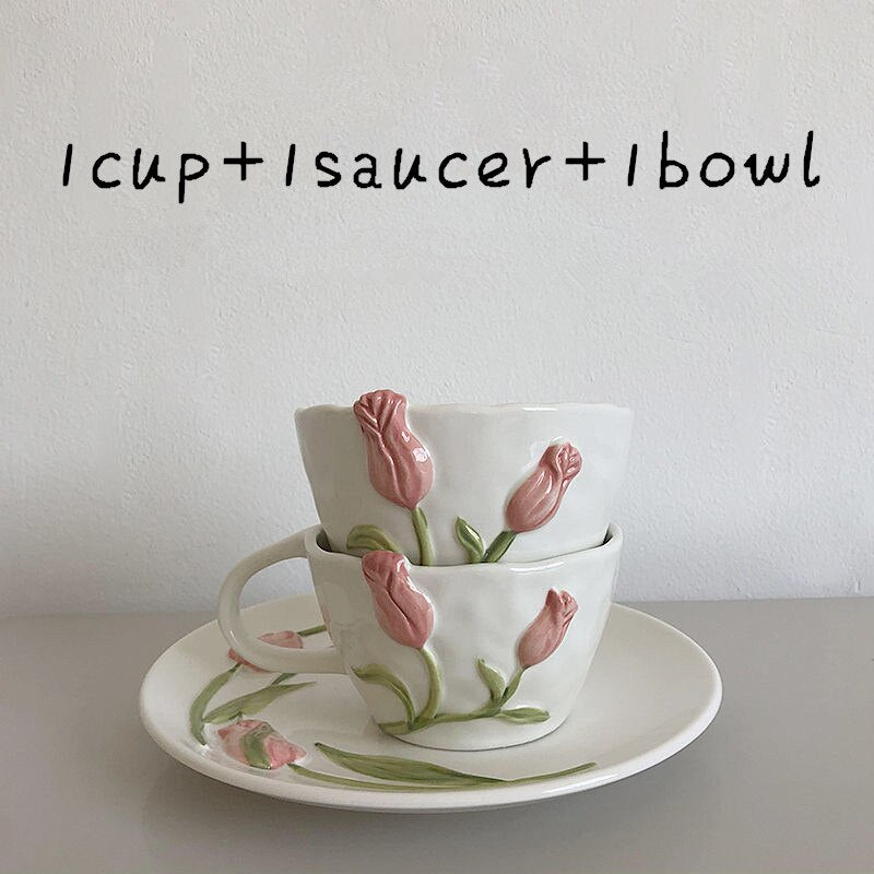 Creative Coffee Cup Ceramic Pink Tulip Flower Tea Mug Coffee Afternoon Tea Cup Cake Plate Assiettes Mariage Kitchen Accessories