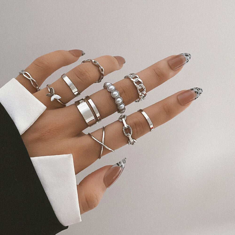 Punk Gothic Butterfly Snake Chain Ring Set for Women Black Dice Vintage Silver Plated Retro Rhinestone