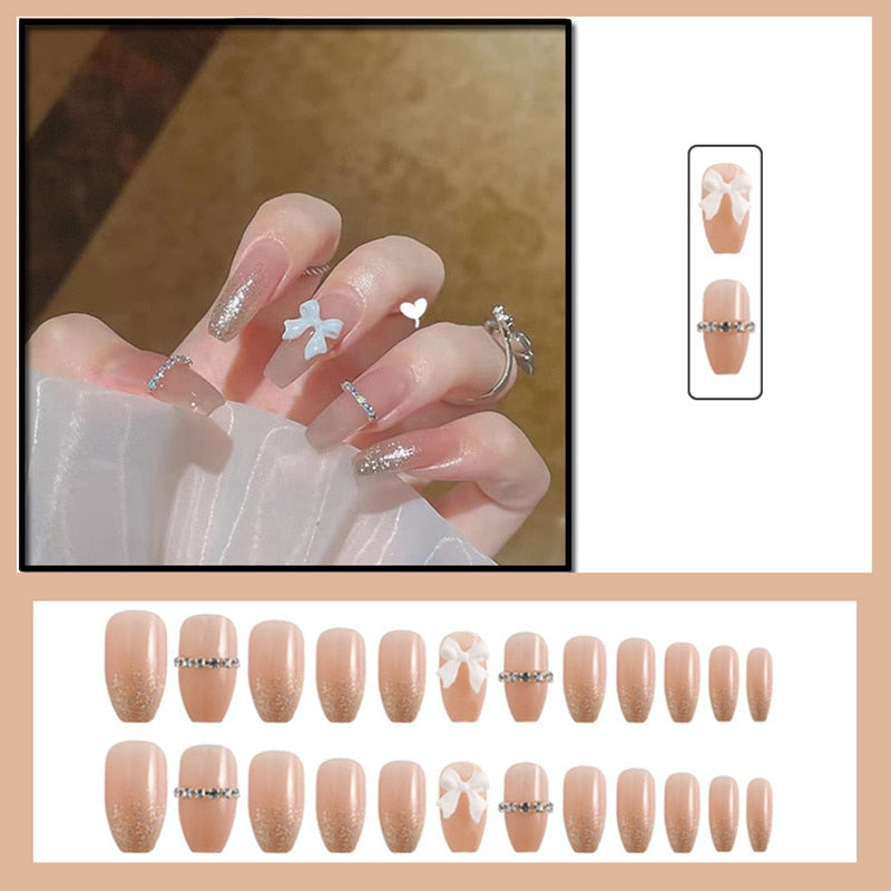 24pcs Butterfly decorated false nails Removable Long Manicure press on nail tips full cover acrylic