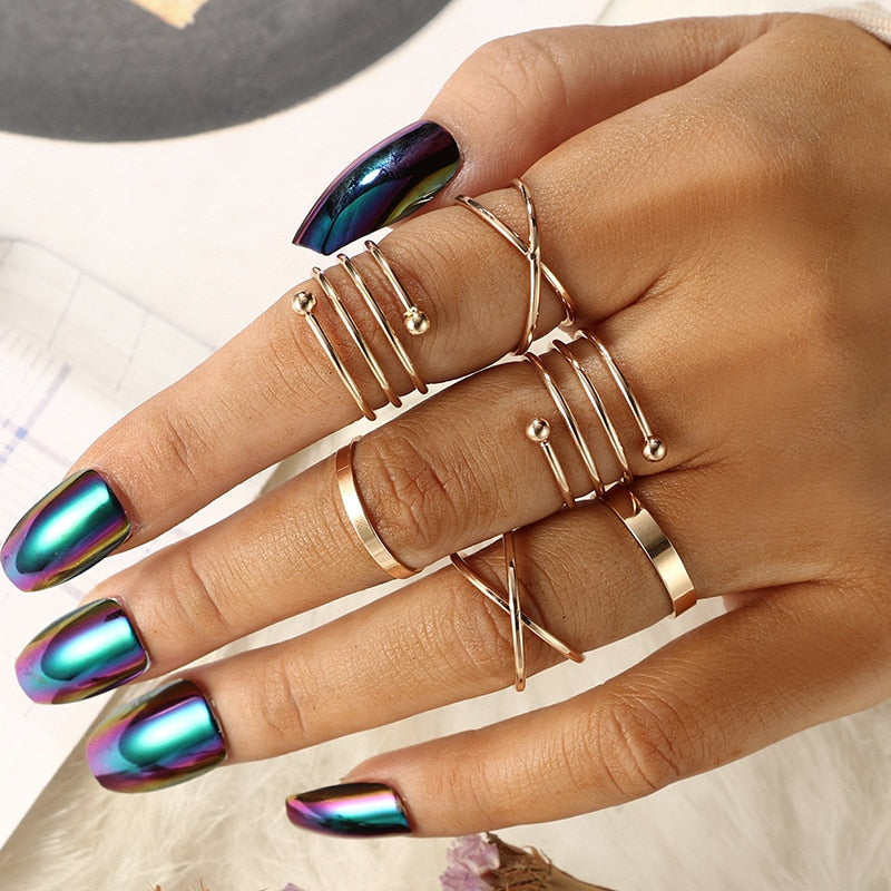 Bohemian Geometric Rings Sets Crystal Star Moon Flower Butterfly Constellation Knuckle Finger Ring Set For Women Jewelry