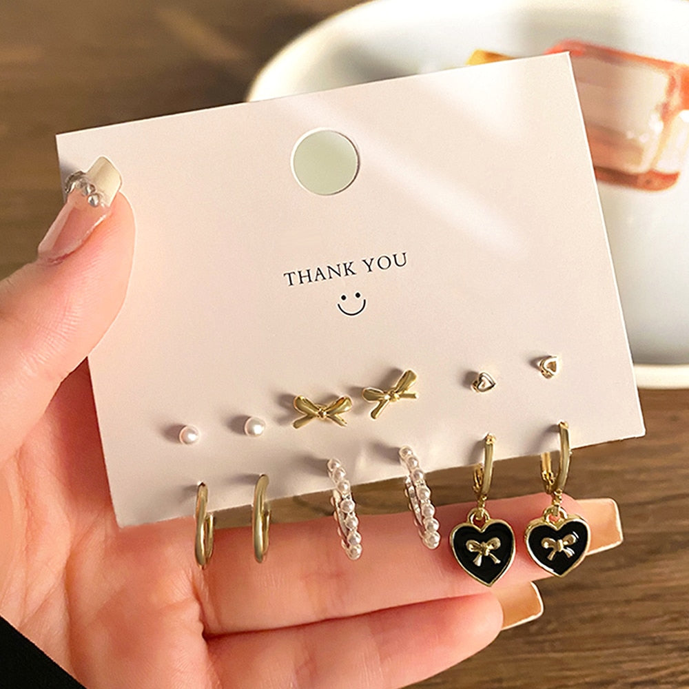 Korean Metal Love Heart Circle Drop Small Earrings for Women Trend Pendant Piercing Earrings Set