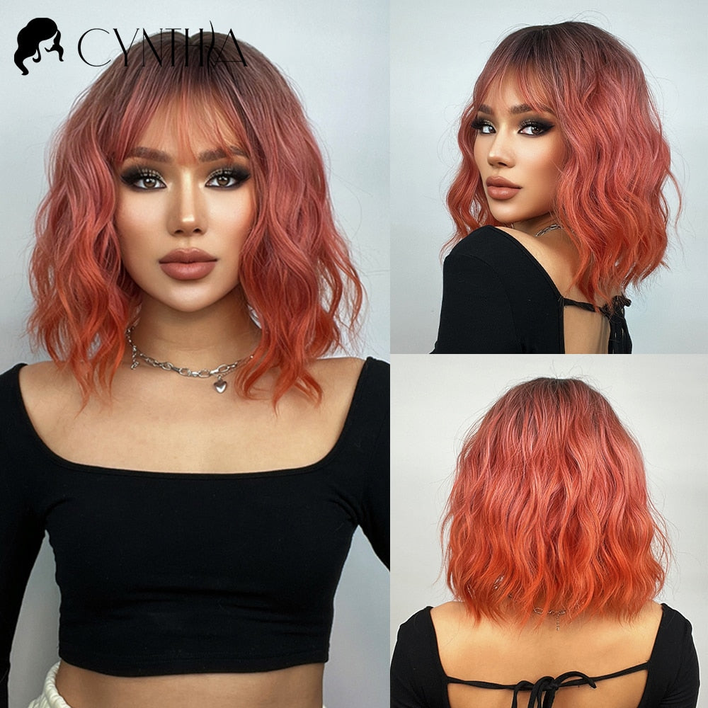 Short Bob Synthetic Wig Ombre Pink Water Wave Hair Wigs With Bangs Cosplay Lolita Heat Resistant Natural Hair