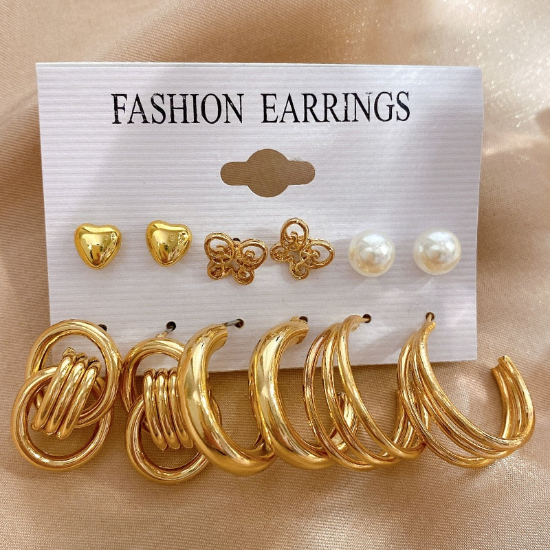 17KM Pearl Twist Hoop Earrings Set Butterfly Acrylic Dangle Earrings for Women Metal Hollow Gold Plated Earring