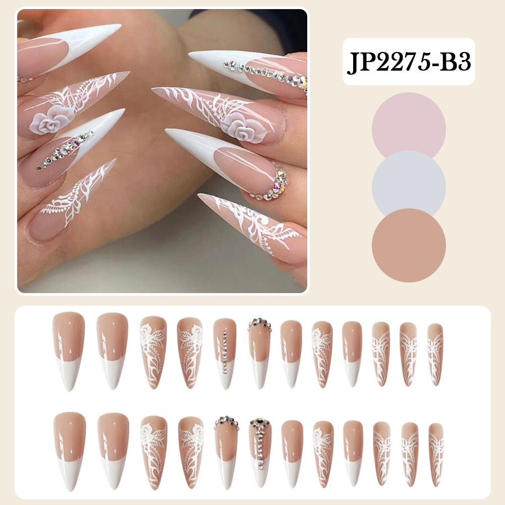 24pcs False Nails Nude Gradient Nail Patch Rhinestone Inlaid Press On Nails Removable Long Manicure nail tips