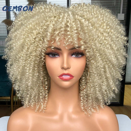 Short Hair Curly Afro Wigs With Bangs For Black Women Cosplay Lolita Synthetic Natural Wigs High Temperature Ombre Color 14"