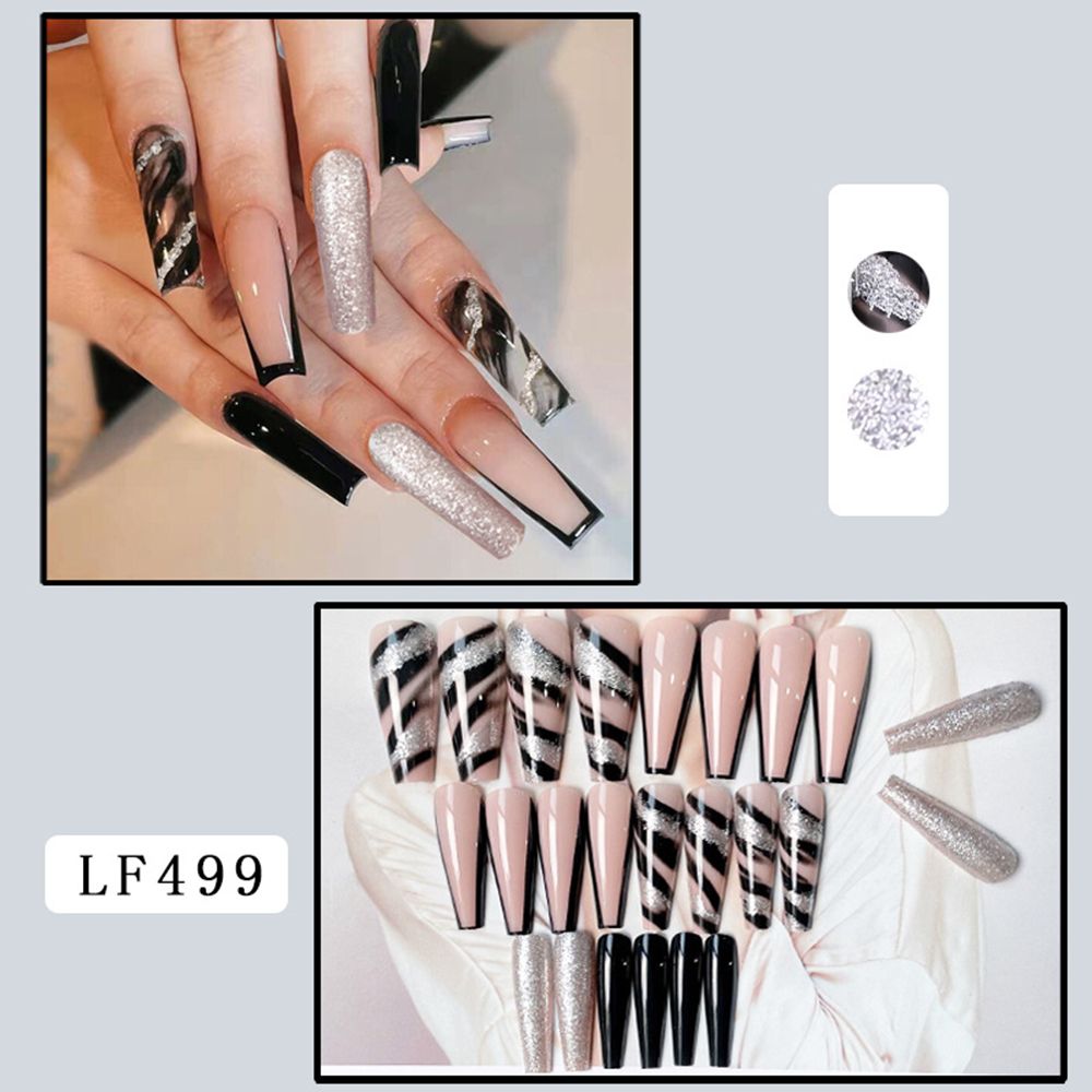 24pcs Long Ballet False Nail Full Cover Fake Nail Grey White Marble Design Nails Tip French Coffin Nails Press On Nails