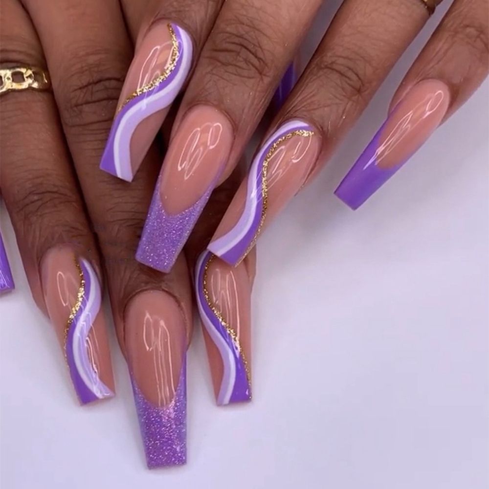 Purple Pink Ombre Rhinestone Fake Nails Coffin Ballerina Ladies Fingernails Natural Long French Gradient Press On False Nails