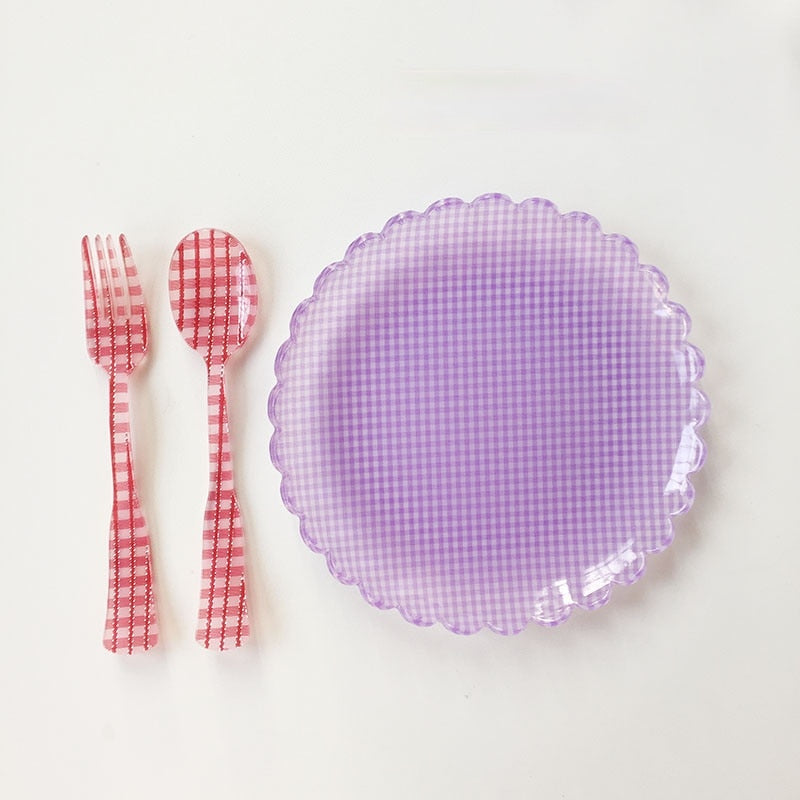 Plastic Dessert Tray Acrylic Cake Dish Grid Pattern Spork Floral Plates Decorative Fruit Plate Spoon Fork