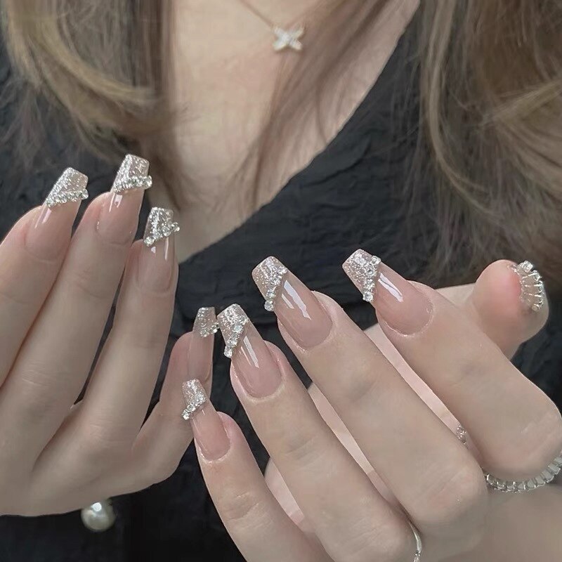 24pcs Long gradient nude false nail with glue simple artifical press on nails acrylic nails natural stick on nails set