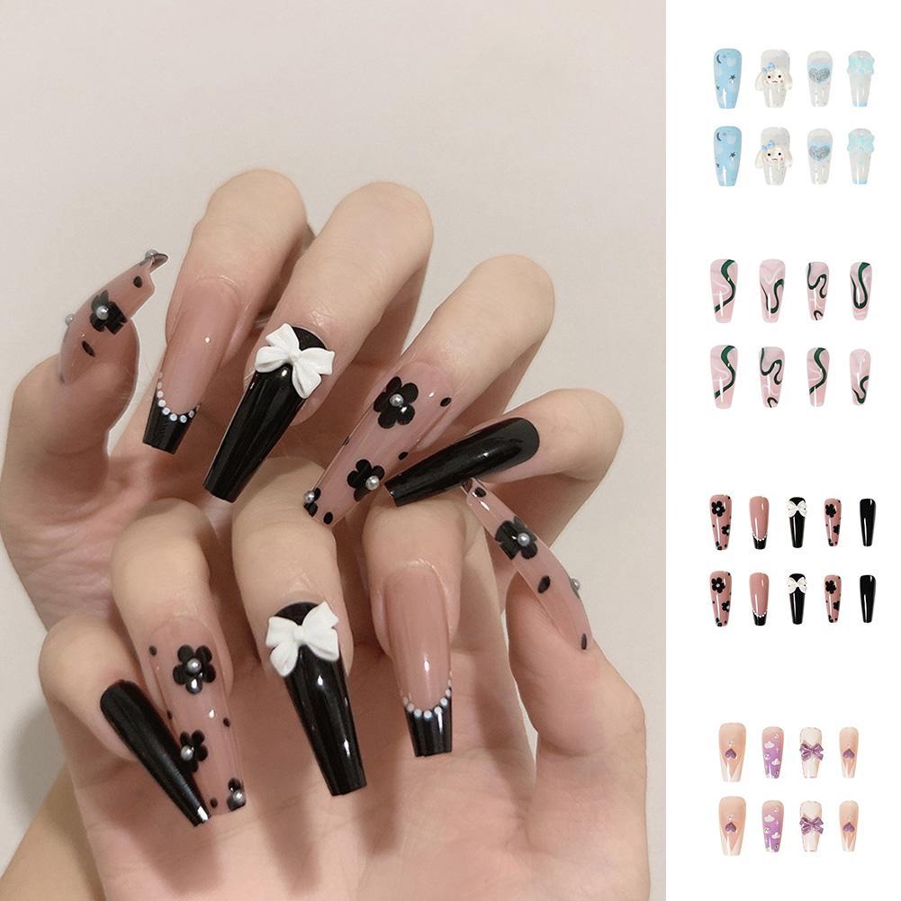 24pcs/set French Nail Ballet False Nails Long Flower Bow Nail Decor Press On Fake Nails Tips With Glue Sticker Nail