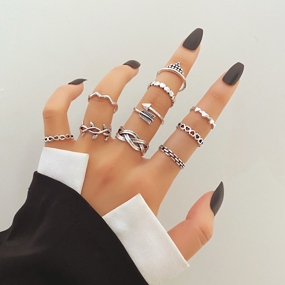 Punk Gothic Butterfly Snake Chain Ring Set for Women Black Dice Vintage Silver Plated Retro Rhinestone