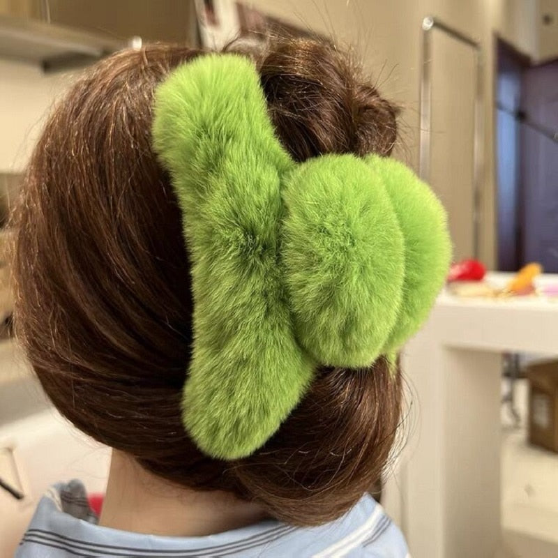 Plush Hair Claw Clip Rabbit Fur Seaweed Green Crab Clamps Solid Color Hairpin Barrette Warm Hair Accessories