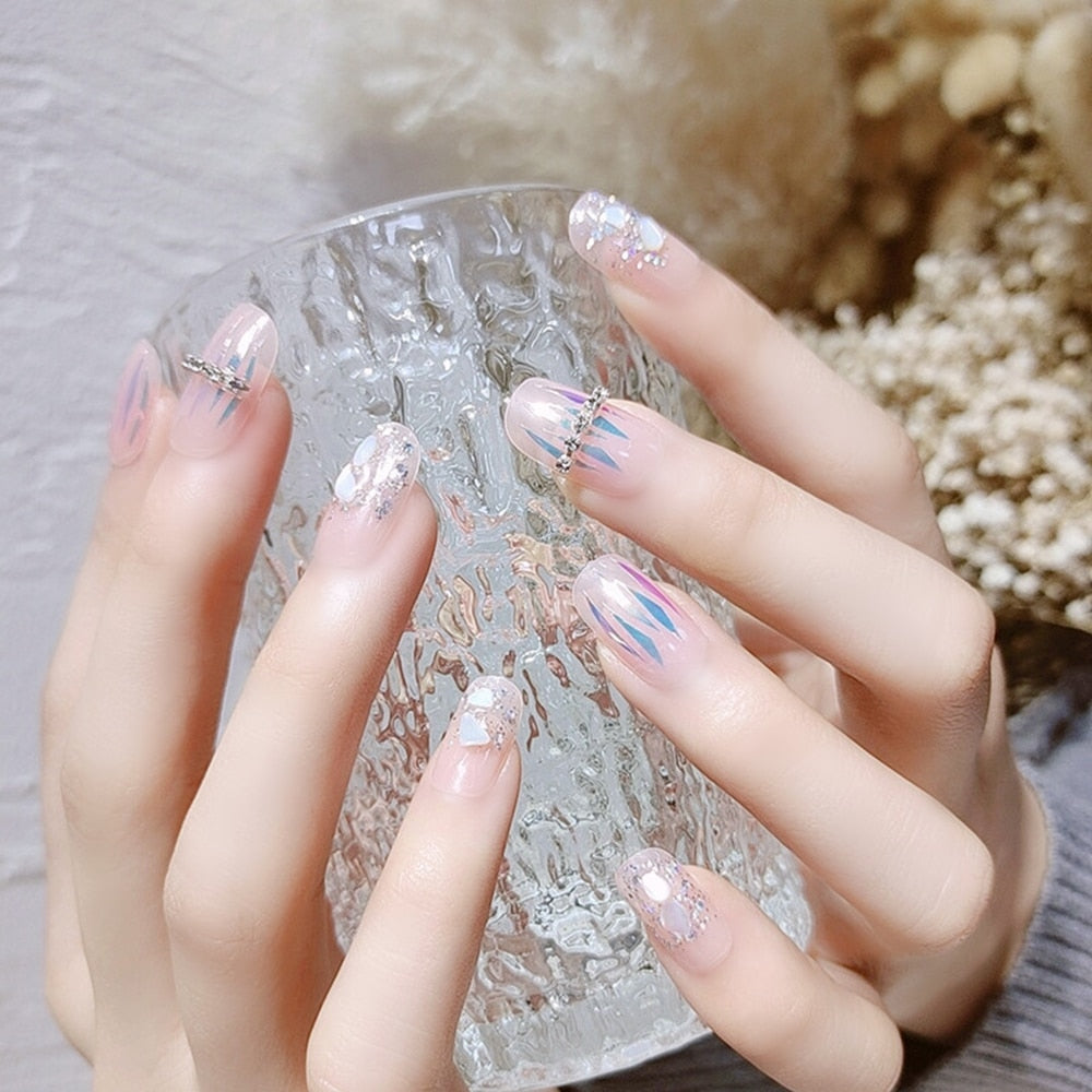 24pcs/box Cat Eye Phototherapy Nail Patch Wearable Fake Nail Short False Nail wearable full cover