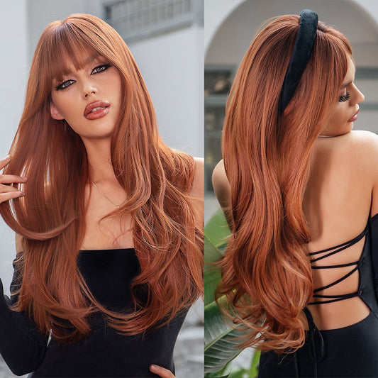 Red Brown Copper Ginger Long Straight Synthetic Wigs for Women Natural Wave Wigs with Bangs Heat Resistant Cosplay Hair