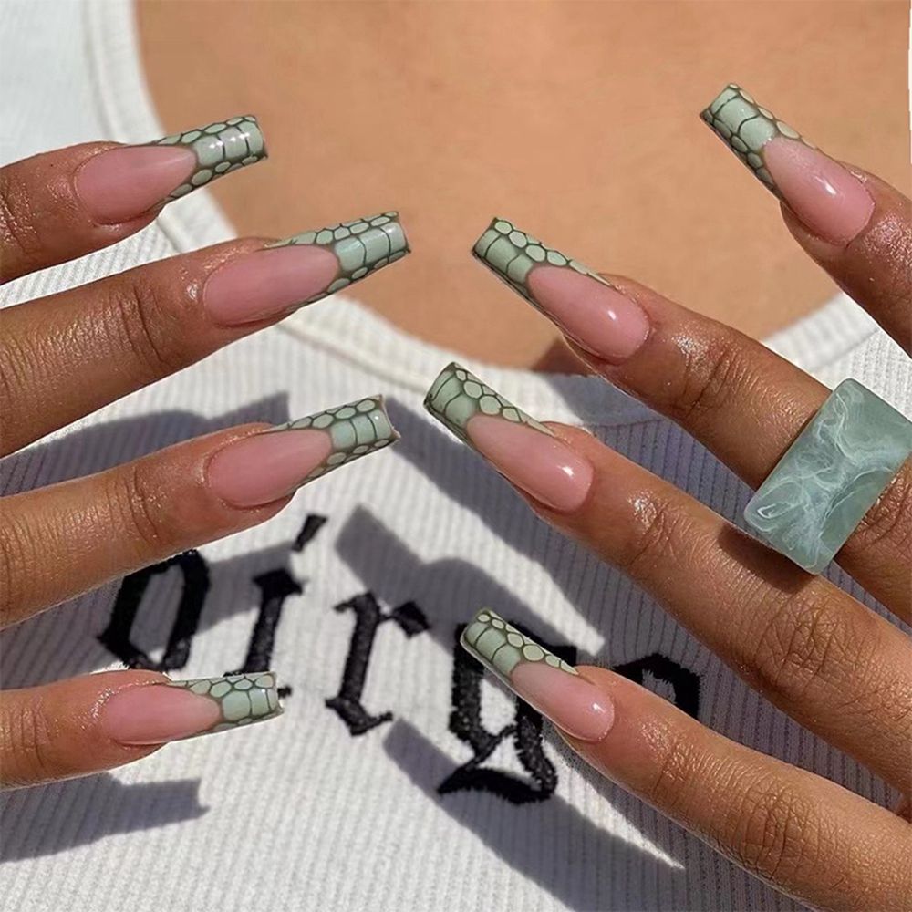 24Pcs Marble Gradient Long Coffin False Nails Detachable Wearable Gold Foil Ballerina Fake Nails Full Cover Nail Tips Press Glue