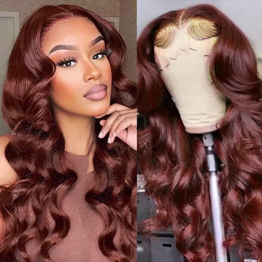 Reddish Brown Synthetic Lace Front WigT Part 13X4 Wig  Body Wave Copper Red Brown Wavy Wigs For Women Pre Plucked With Baby Hair