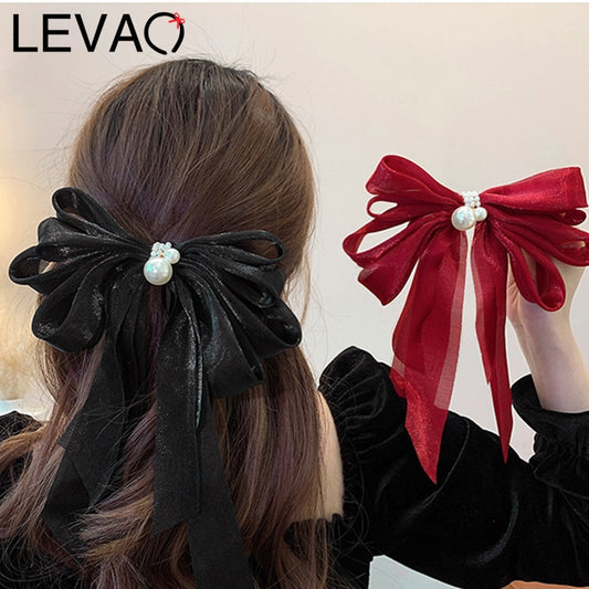 Large Satin Bow Hair Clip Long Ribbon Hairpins Solid Color Barrettes Hairgrip Bow Hair Accessories