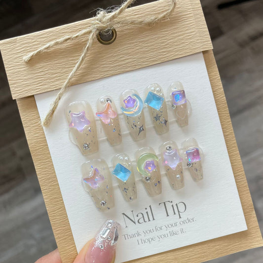 10Pcs Colorful Aurora Handmade Fake Nails with Butterfly Moon Shape Rhinestone Nail Tips Long Ballerina Press on False Nails