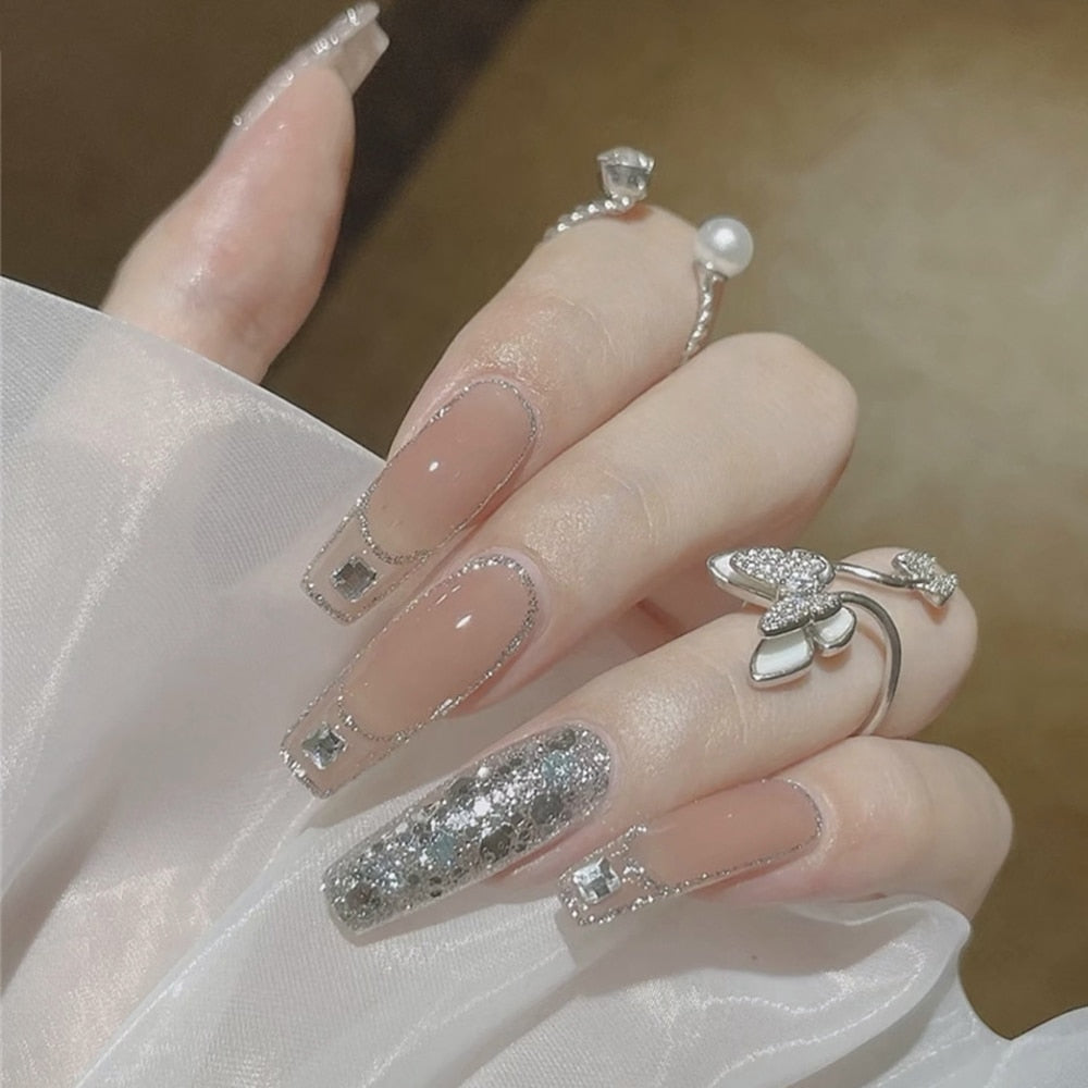 24pcs Rhinestone Design Fake Nails Shiny nail Decorations Press On nail Tips False Nail Patch