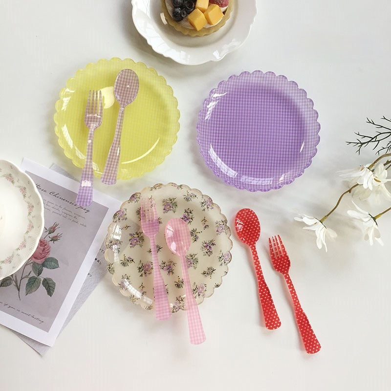 Plastic Dessert Tray Acrylic Cake Dish Grid Pattern Spork Floral Plates Decorative Fruit Plate Spoon Fork