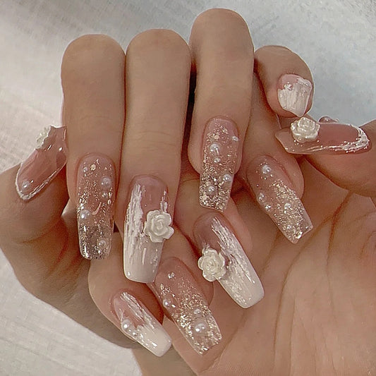 24pcs Elegant Fairy Punk Dry Roses Fake Nail Art With Relief Pattern Fake Nails With Glue Full Cover Nails With Wearing Tools