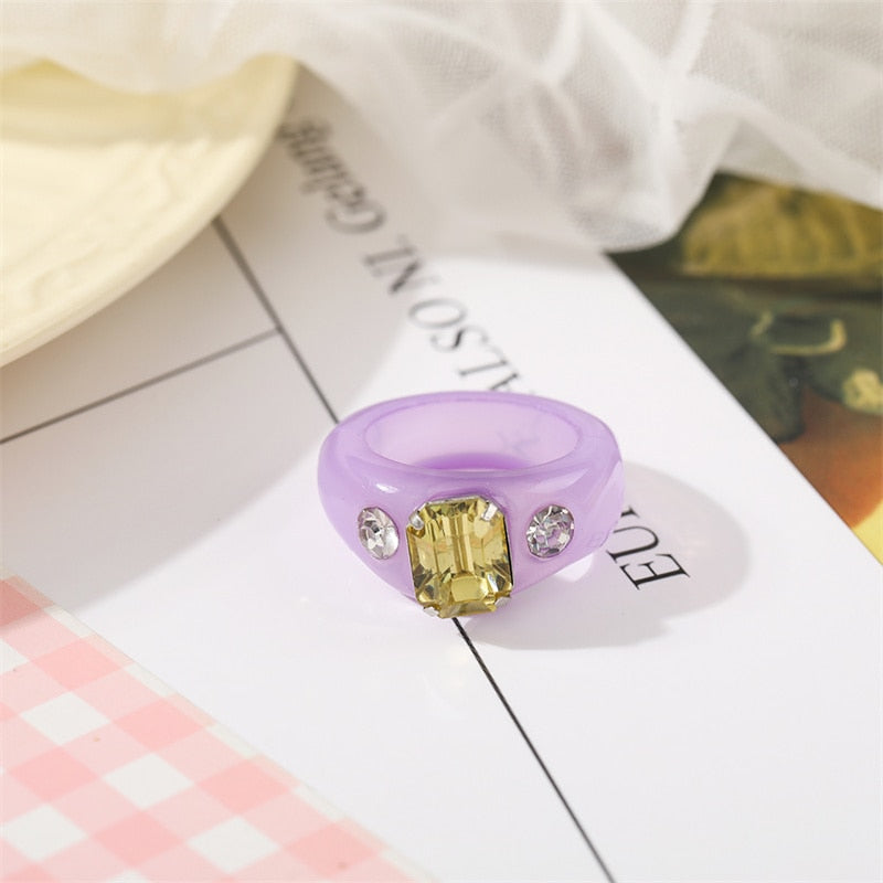 Colorful Transparent Resin Acrylic Crystal Rhinestone Simple Geometric Square Round Rings Set Jewelry