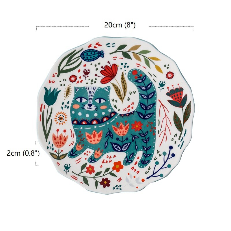 8 Inches Ceramic Dinner Plates Japanese Hand-painted Cartoon Cat Plate Creative Colorful Household Dishes Dinnerware Tableware