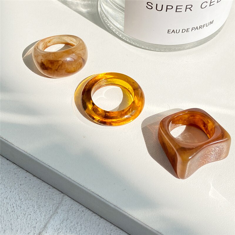 Colorful Transparent Resin Acrylic Crystal Rhinestone Simple Geometric Square Round Rings Set Jewelry