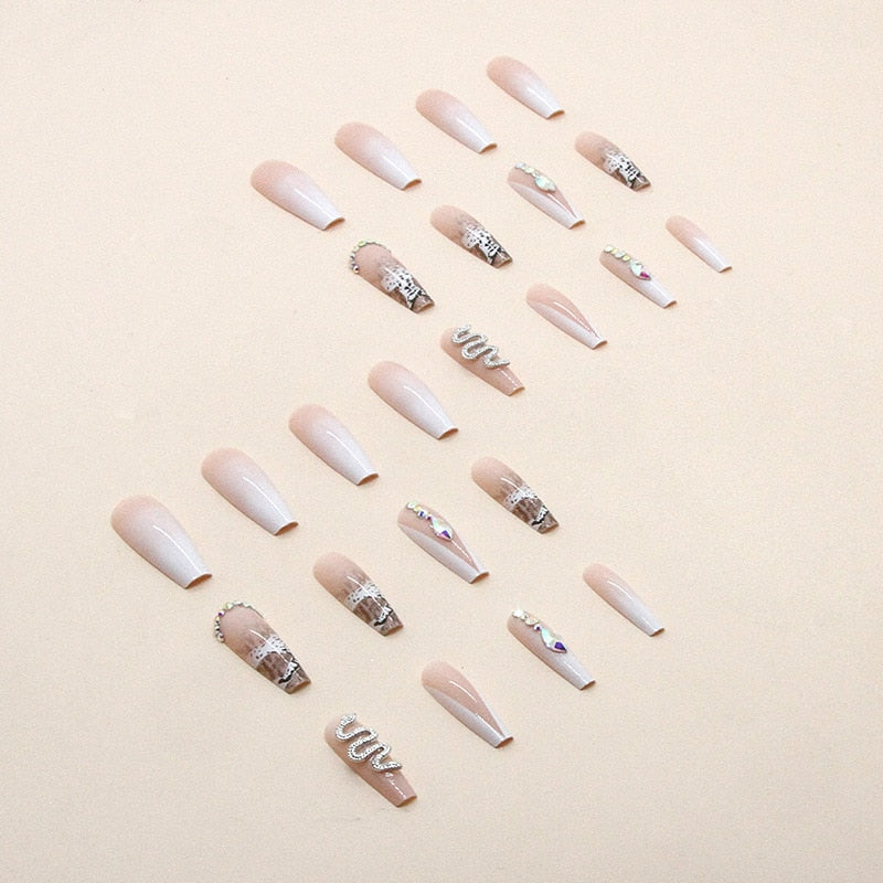 24pcs Long Press On Fake Nails French Designs With Snake Rhinestones Coffin False Nails Ballerina Manicure Full Cover Nail Tips