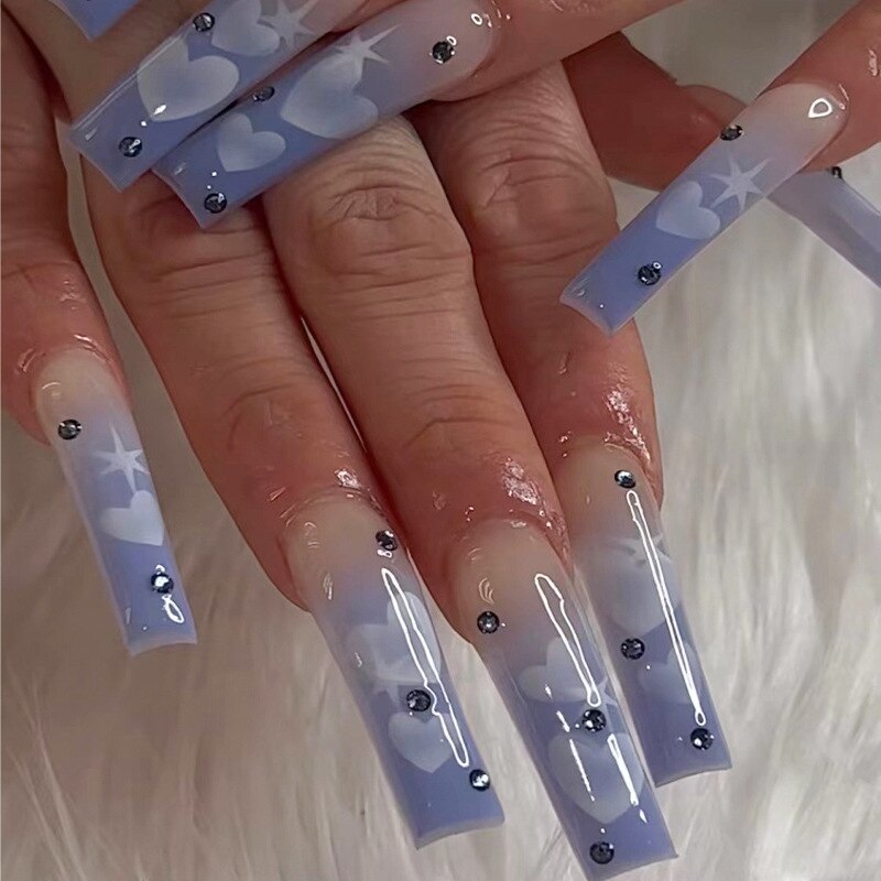 24Pcs Long Square False Nails with Glue French Rhinestone Design Fake Nail Wearable Acrylic Press on Nails Full Cover Nail Tips